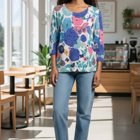 Talbots Floral Butterfly Button-Back Spring Top | Reversible Cardigan Style - Picture 4 of 8